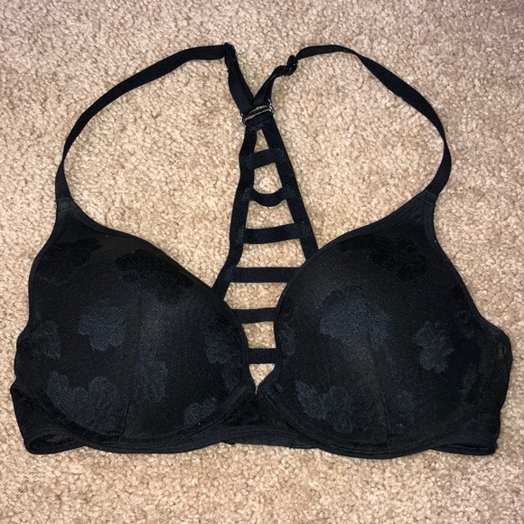 Pink Victoria’s Secret black lace Strappy bra racer back size 32D lightly lined - Picture 1 of 8